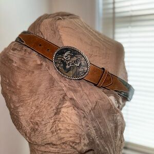 Nocona Mossy Oak Camo Leather Belt Deer Skull Buckle